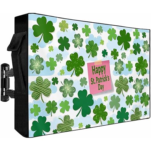 St. Patrick's Day Outdoor TV Cover for 30"-32" TV Shamrock Green Leaf Sky Blue Waterproof TV Covers 600D Heavy Duty Outside Television Screen Protectors Shield with Zipper 30"Wx19"H,Roll Up