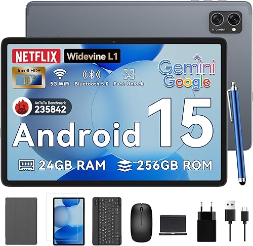 Tableta 2025 Últimas tabletas Android 15 con pantalla Incell de 10,1 pulgadas, 24 GB de RAM, 256 GB de ROM / 2 TB TF, Gemini AI, cámara T606 Octa-Core + 8MP, 5000 mAh, Widevine L1, tabletas 2 en 1 con teclado, ratón, lápiz óptico