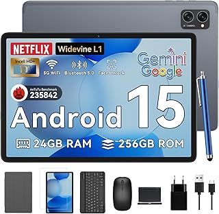 تابلت 2 في 1 2025 بنظام أندرويد 15 بشاشة 10.1 بوصة وذاكرة رام 24GB وروم 256GB و2TB TF وجيميني AI، T606 ثماني النواة + كاميرا 8MP وبطارية 5000mah وايدفاين ال 1 مع لوحة مفاتيح وماوس ستايلس