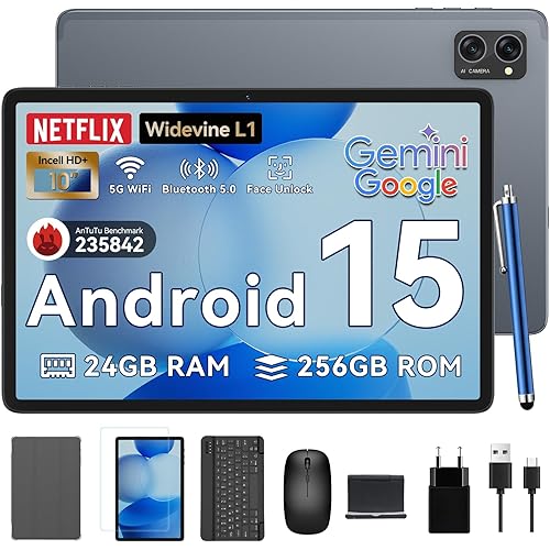 Tablet 2025 Latest Android 15 Tablets with 10.1 Inch Incell Display, 24GB RAM 256GB ROM /2TB TF, Gemini AI, T606 Octa-Core+8MP Camera, 5000mAh, Widevine L1, 2 in 1 Tablets with Keyboard Mouse Stylus