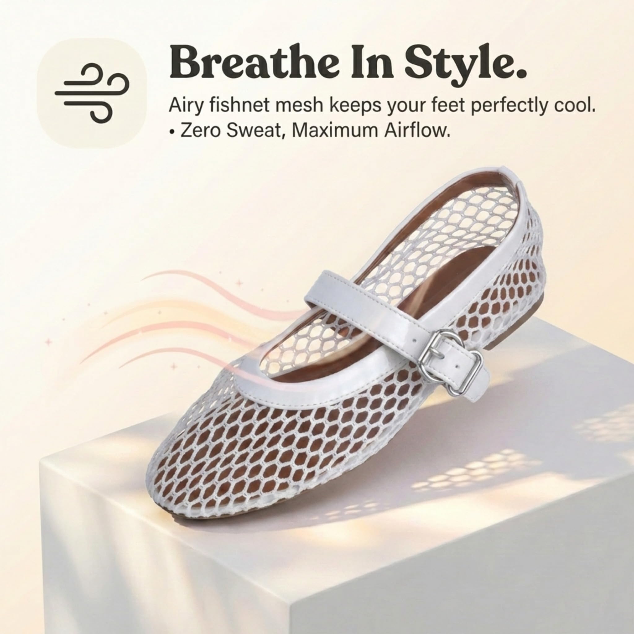 EMMA NEW YORK Mesh Ballet Flats for Women, Mary Jane Mesh Ballet Flats Shoes for Women with Buckle Strap (White, 8.5)
