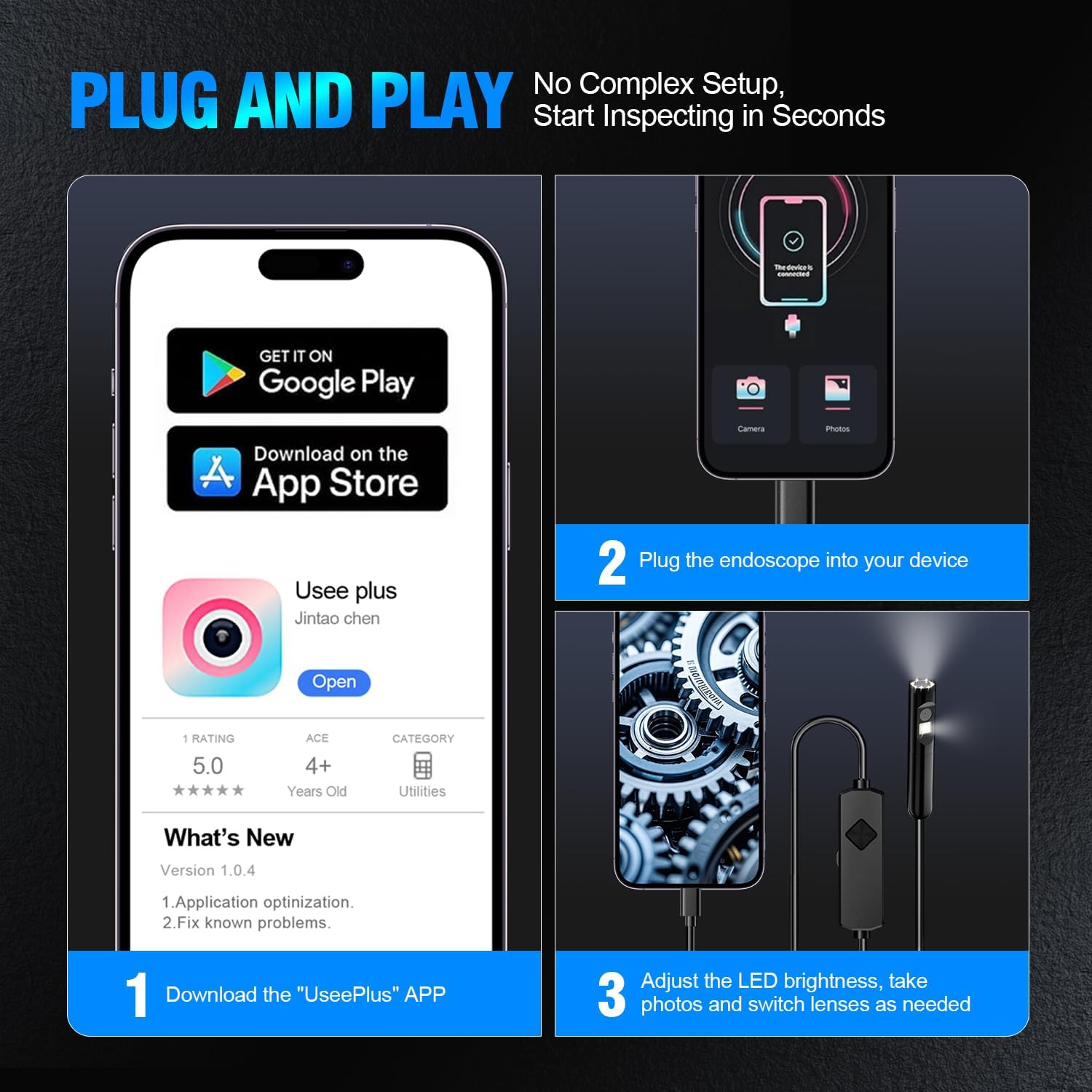 Dual-Lens Endoscope Camera with Light, 1920P HD Borescope with 8 Adjustable LEDs, 16.4FT Semi-Rigid Snake Cable, IP67 Waterproof Inspection Camera for iOS & Android - Black