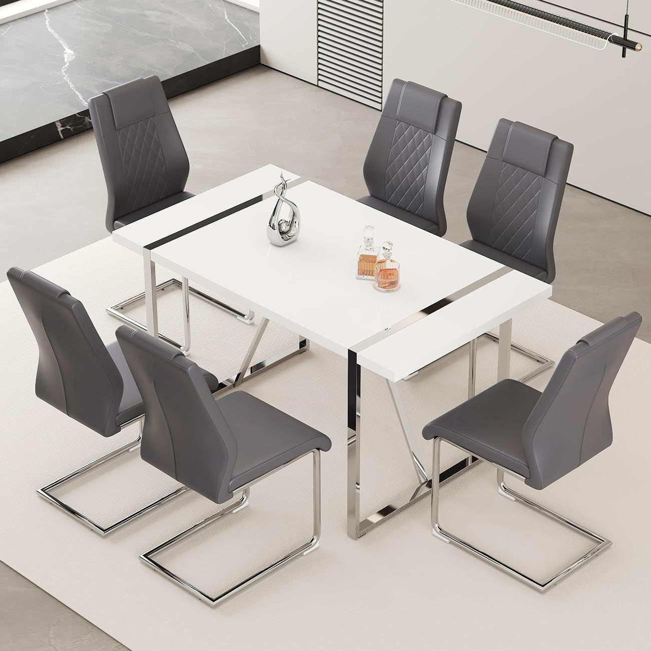 55‘’ Modern Dining Table Set for 6, White Dining Tabletop and Silver Metal Frame, Rectangle Dining Room Table with 6 Dark Grey Upholstered Dining Chairs. Dinner table Set for Kitchen and Dining Room.