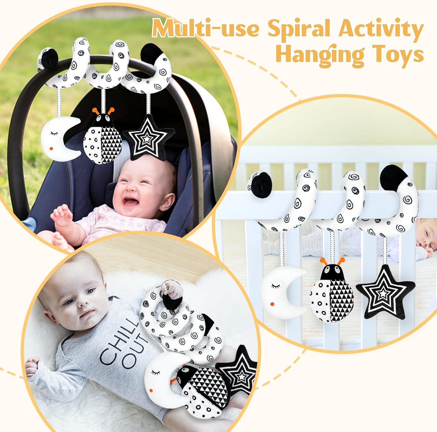XIXILAND Car Seat Toys for Babies 0-6 Months & Black and White Baby Toys, Baby Toys 0-3 Months Developmental Infant Toys, High Contrast Baby Toys for Crib Mobile, Baby Toys Gift for 0 3 6 9 12 Months