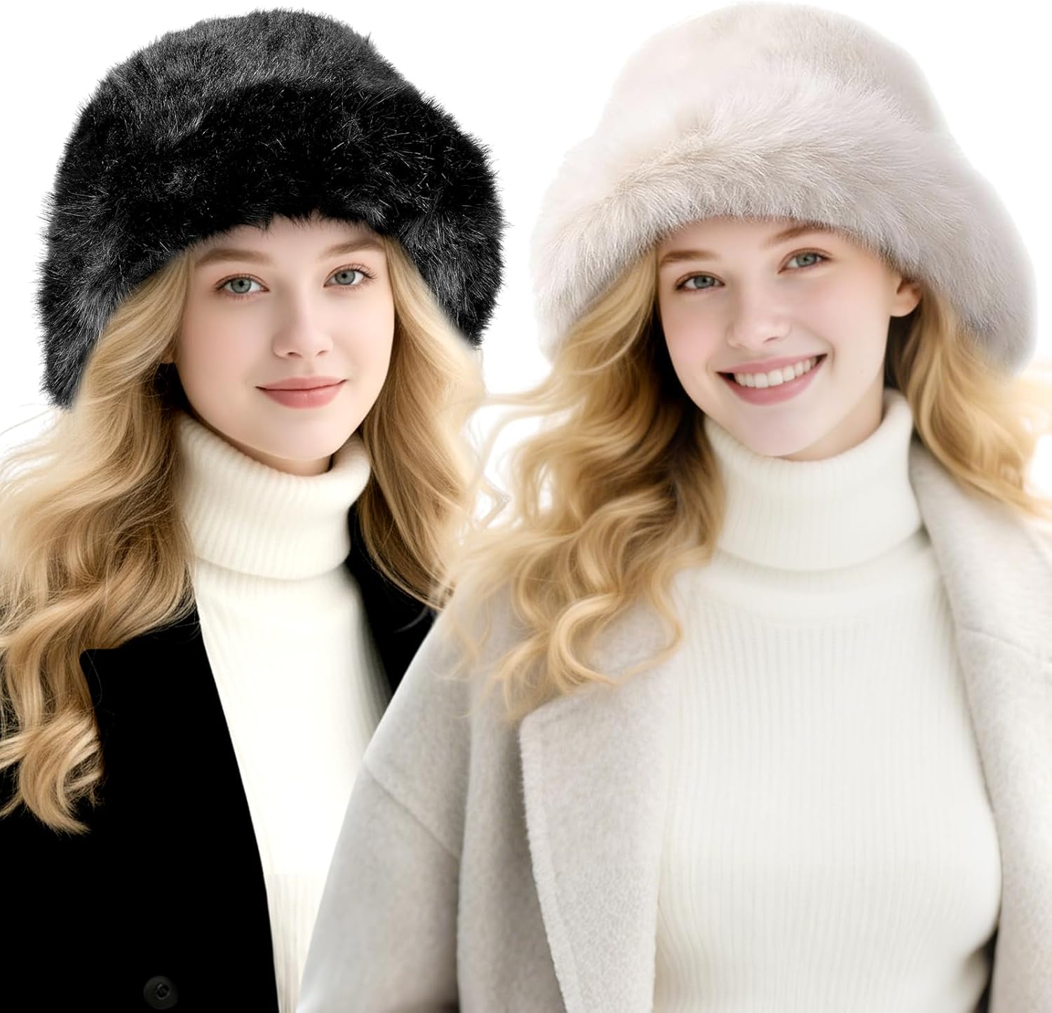 JenPen 2 Pcs Winter Furry Bucket Hat for Women Fluffy Faux Fur Bucket Hat Warmer Fisherman Cap Ladies Fluffy Snow Cap for Casual Trips Sports Skiing, Black and Beige-White