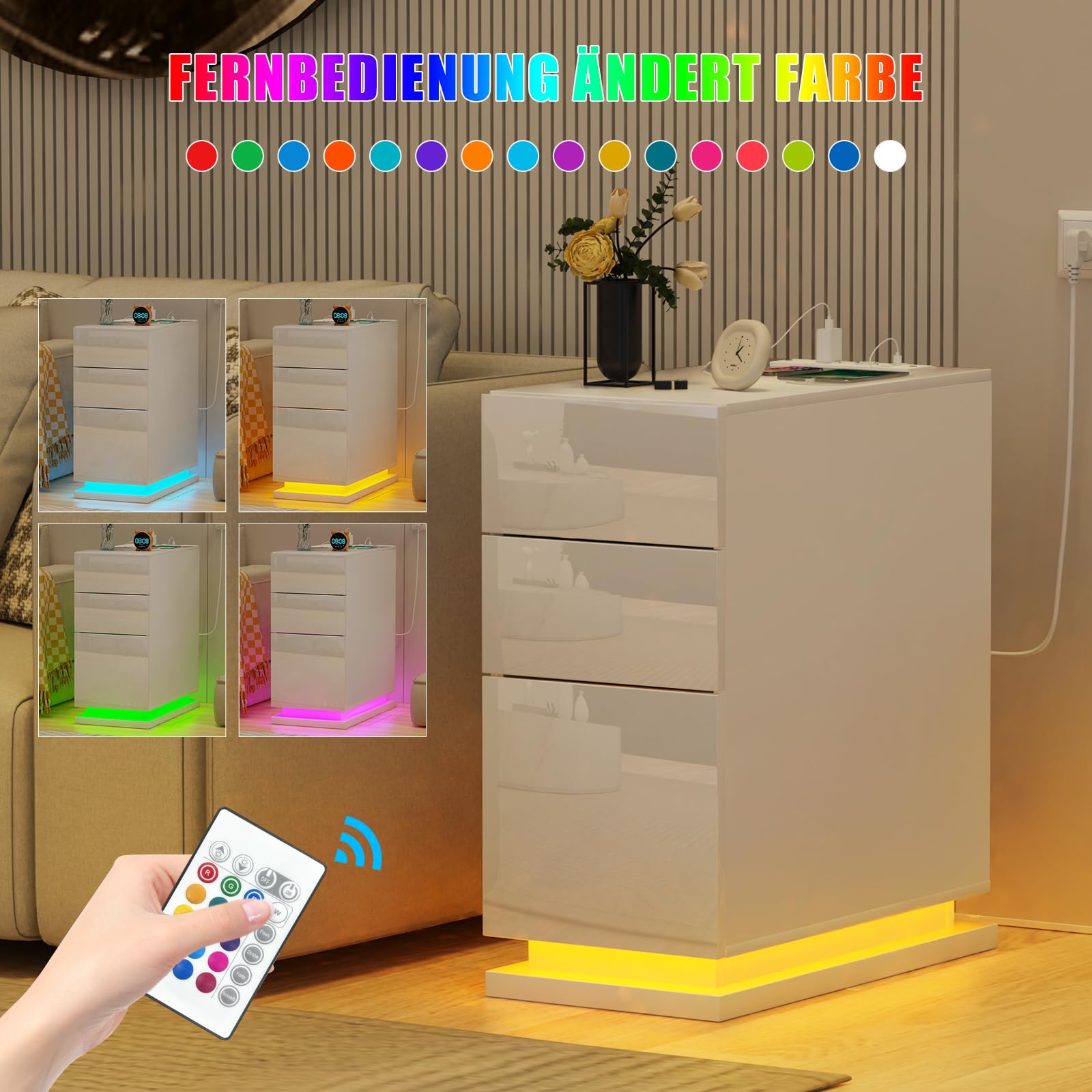 Nachttisch Schmal 2er Set, Nachttisch Weiß Hochglanz mit LED, Einstellbare 16 Farben, 2 AC Steckdosen, 2 USB Anschlüsse, Beistelltisch Nachtschrank für Schlafzimmer Wohnzimmer
