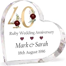 Beecreative Ruby Anniversary Wedding Gifts - Personalised 40th Wedding Anniversary - Gift for Couples, Husband, Wife, Parents - Clear Heart Ruby 40th Anniversary Ornament Present with Grey Bag