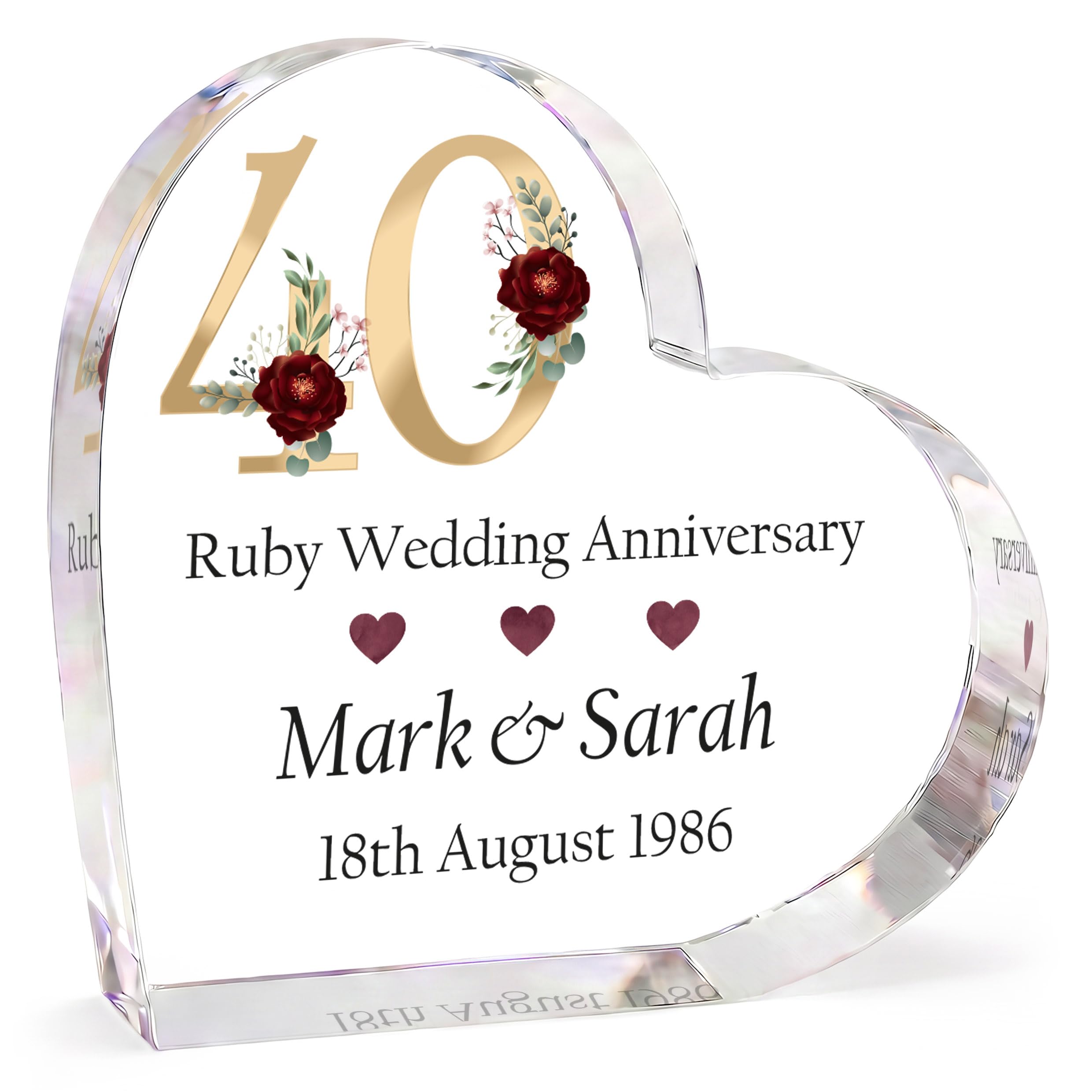 Beecreative Ruby Anniversary Wedding Gifts - Personalised 40th Wedding Anniversary - Gift for Couples, Husband, Wife, Parents - Clear Heart Ruby 40th Anniversary Ornament Present with Grey Bag