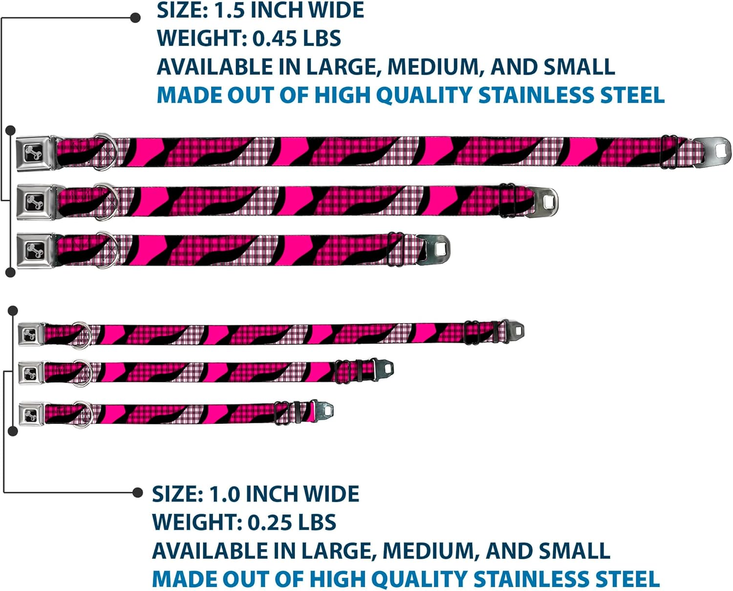Dog Collar Seatbelt Buckle Buffalo Plaid Abstract White Black Fuchsia 15 to 26 Inches 1.0 Inch Wide