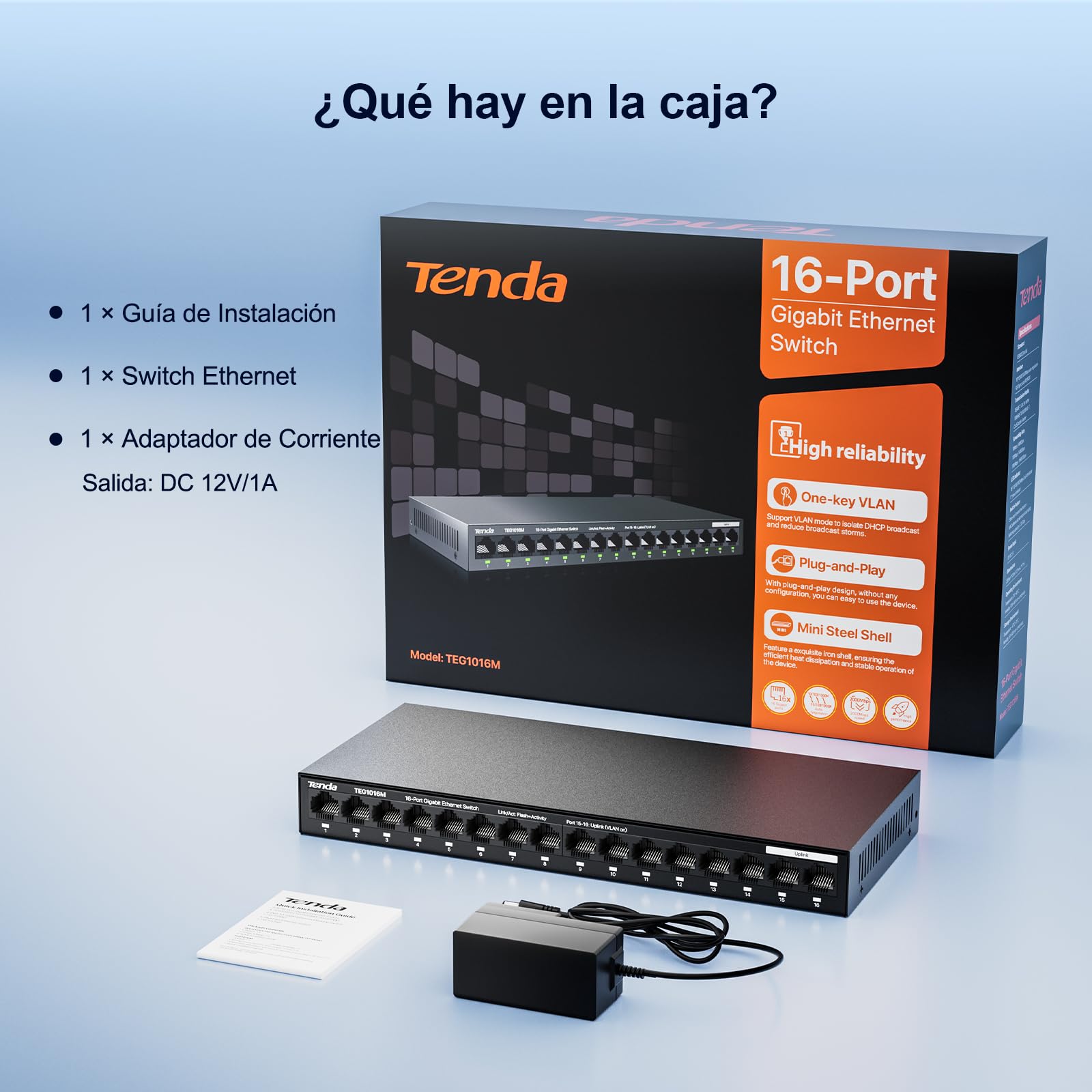 Tenda TEG1016M Switch Ethernet Gigabit, 16 Puerto 10/100/1000Mbps, Una Clave Vlan,Protección contra Rayos, Escritorio o de Montaje en Pared, Plug & Play, No Requiere Configuración, Silencio, Metal
