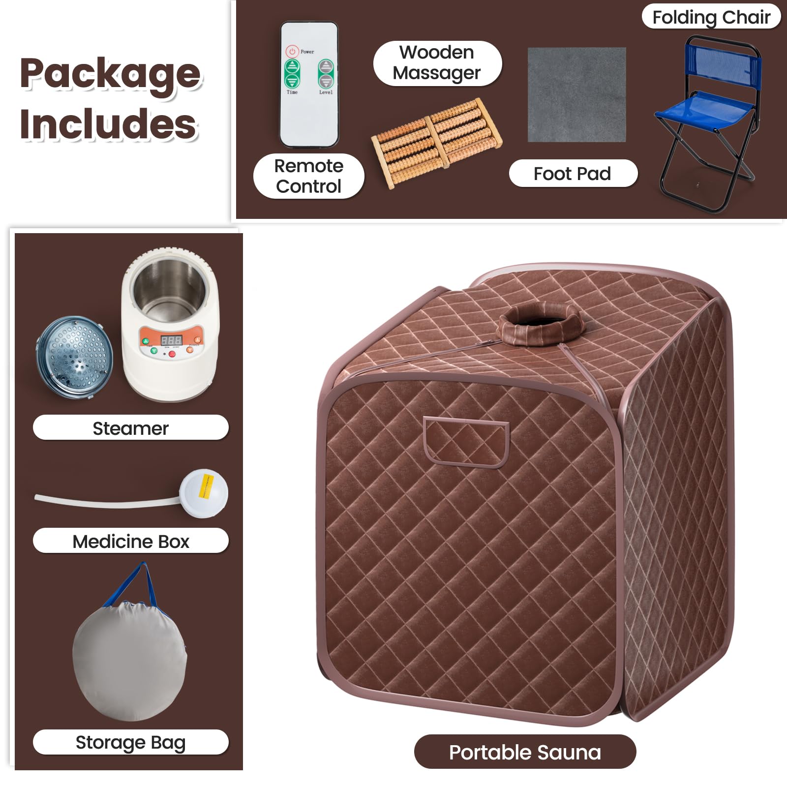 HOMASIS Sauna à Vapeur Portable, Tente de Sauna Chauffante Mobile avec Générateur de Vapeur 2L,Télécommande,Température et Minuterie,Chaise Pliante et Appareil de Massage des Pieds (marron)