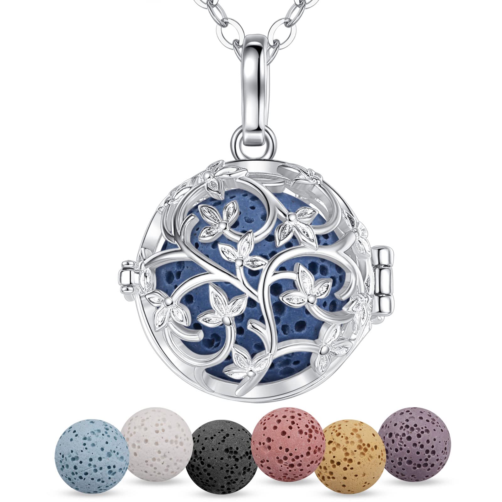 EUDORA Harmony Ball Collana Aromaterapia Ciondolo con Oli Essenziali per Donna, Collana con Diffusore Regalo di Gioielli per Ragazze con 7 Pezzi di Pietra Lavica, 24 Pollici