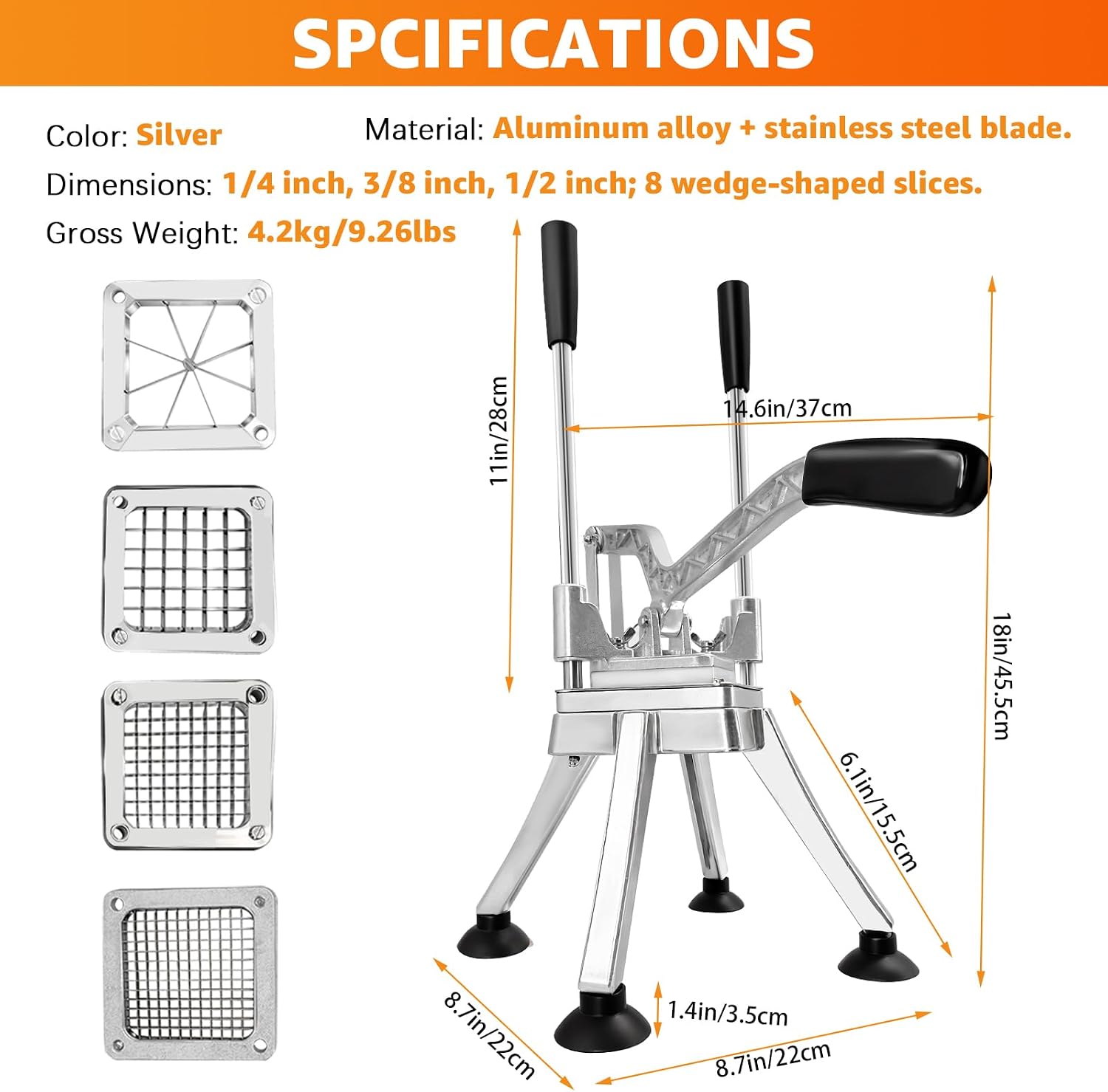 Commercial Vegetable Chopper, French Fry Cutter, Stainless Steel Potato Dicer, Fruit Slicer with 4 Replacement Blades, Heavy Duty Commercial Grade for Restaurant, Home Kitchen & Camping