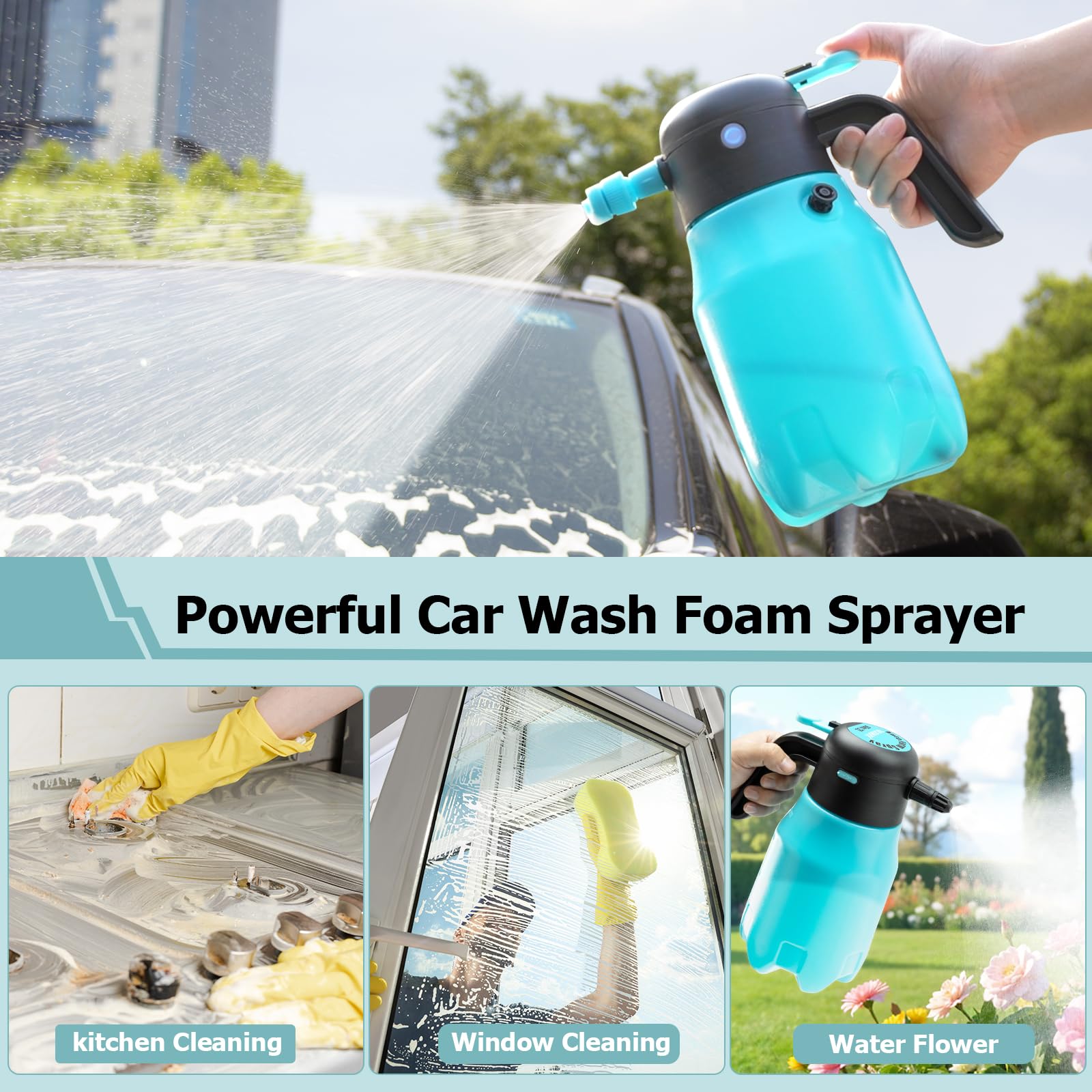 SYLSTAR Pulverizador de Espuma 2L, 7.4V Pistola de Espuma con Batería, 4,2 Bar de Potencia Pompa Irroratrice, 2 Boquillas para Detailing Automotriz, Limpieza de Vehículos (Espuma/Chorro Agua)
