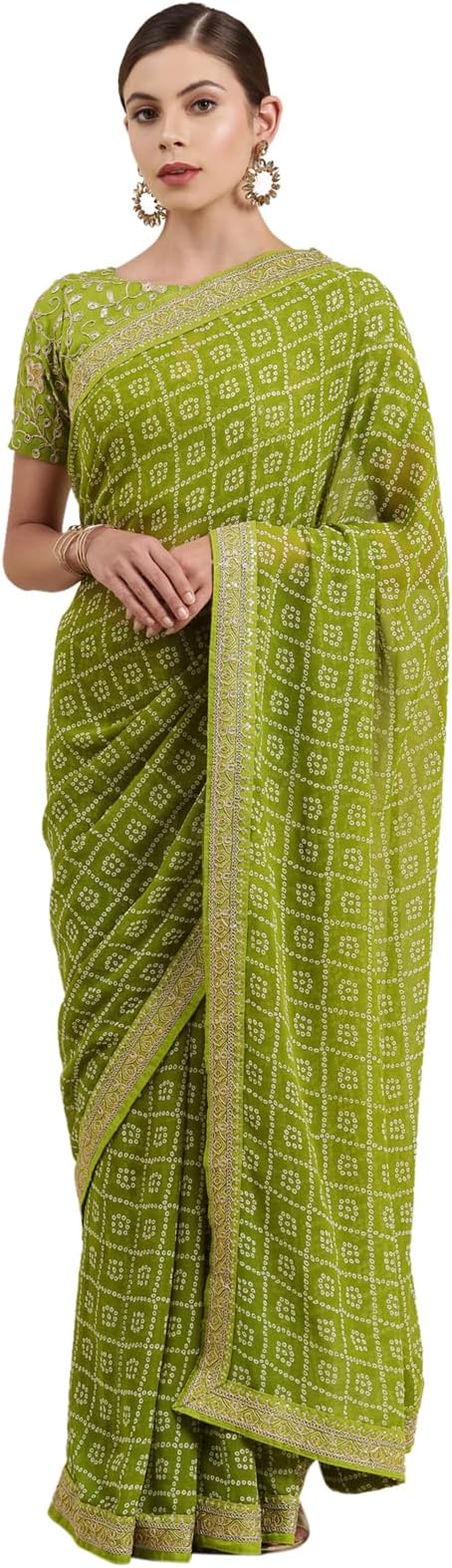 SIRIL Women's Bandhani Printed Georgette Saree with Unstitched Blouse Piece