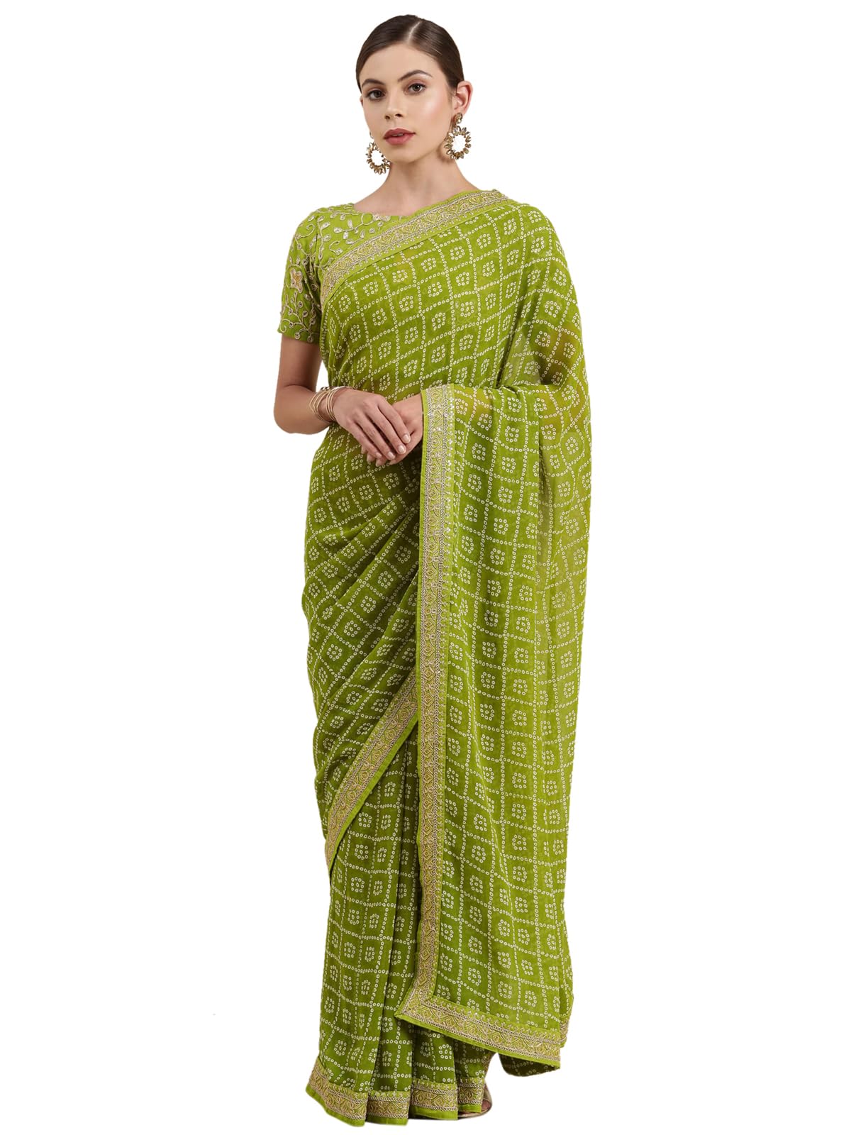 SIRILWomen's Bandhani Printed Georgette Saree with Unstitched Blouse Piece