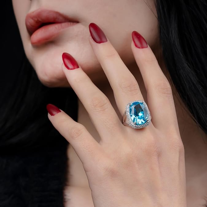 Women's Silver Ring 925 Carat Blue Aquamarine Stone Luxury Large Rings Gift