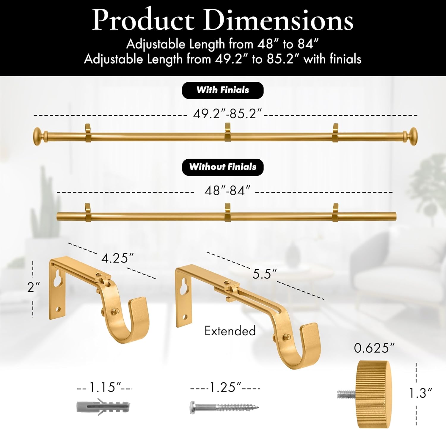 Meriville 1-Inch Diameter Nathan End Cap Single Window Treatment Curtain Rod, 48-Inch to 84-Inch, Royal Gold