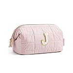 BAGSMART Birthday Gifts Personalized Initial Makeup Bag, Trendy Stuff Gifts for Women Bridesmaid Graduation, Puffy Padded Make Up Bags for Women, Wide-open Toiletry Bag, Pink J