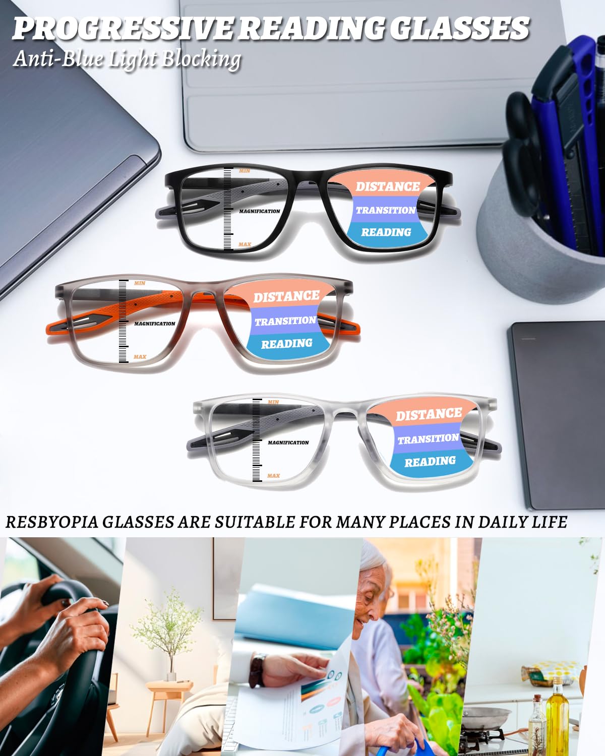 Hubeye Gafas de lectura deportiva para mujeres y hombres ultraligeras anteojos de lectura gafas anti luz azul (Negro+Naranja, 2.00) — view 7