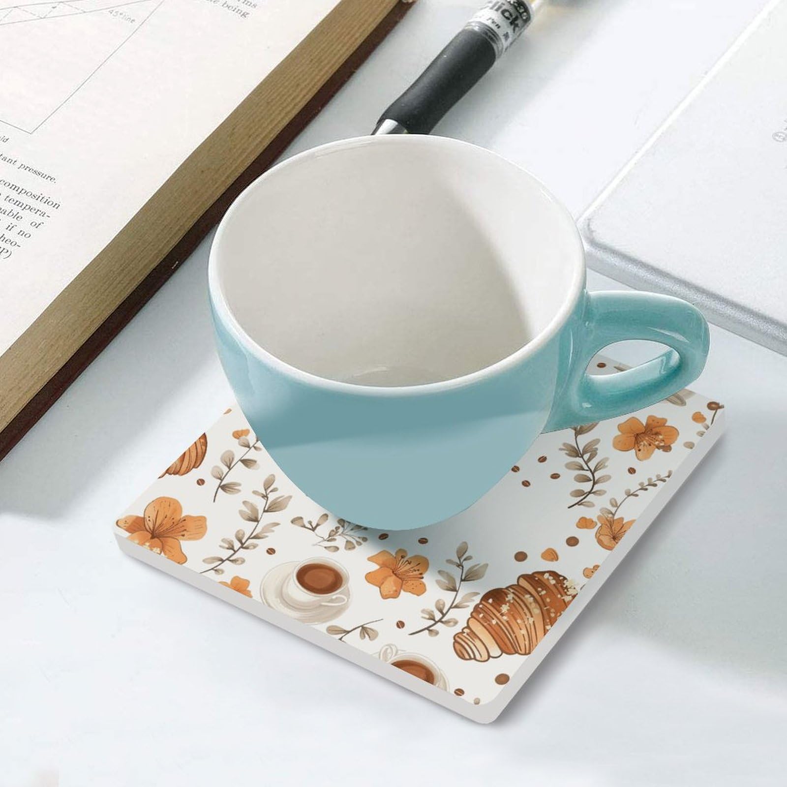 6 posavasos cuadrados de cerámica para bebidas, huevos y cruasanes, posavasos impresos para el hogar y el café, regalos de cumpleaños, adecuados para tipos de tazas