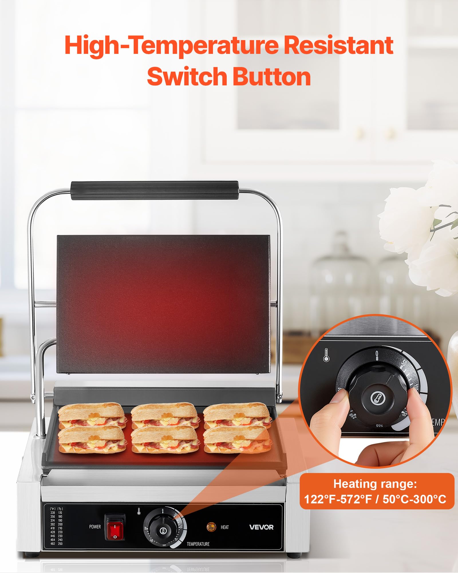 VEVOR Gril Panini Électrique 2200 W, Machine à Panini avec Plaque Émaillée Plate de 34,2x23,5 cm, Appareil à Sandwich en Inox, avec Poignée et Contrôle de la Température, pour Hamburger, Steak
