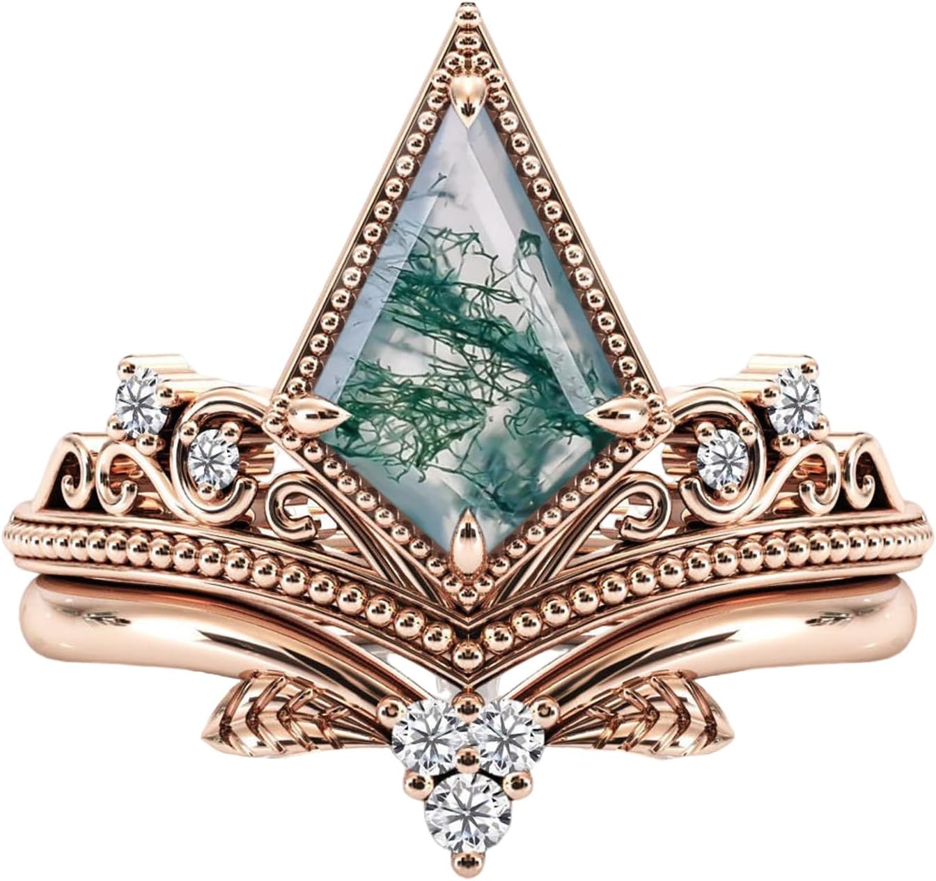 Natural Moss Agate Rings for Women Kite Cut Sterling Silver Moss Agate Ring for Women Wife, Optional 4 Colors (Rose/Yellow/White/Black), Ring Size 4-11