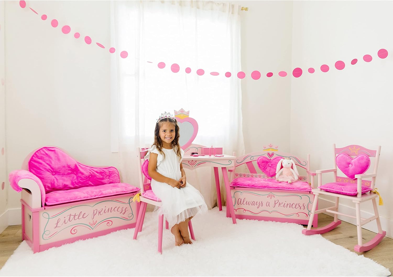 Wildkin Kids Princess Vanity & Chair Set – Wooden Vanity for Girls with Mirror, Jewelry Box & Music Box, with Removable Cushioned Chair - Pink