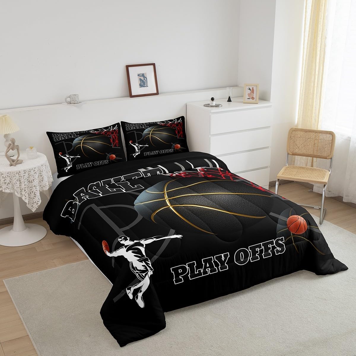 Basketball Room Bedding for Boys Sport Dunk Basketball Comforter Set Full Size for Kids Teens, 3D Black Ball Printed Bedding Comforter Sets Sport Game Ball Theme Duvet Insert Basketball Player Quilt