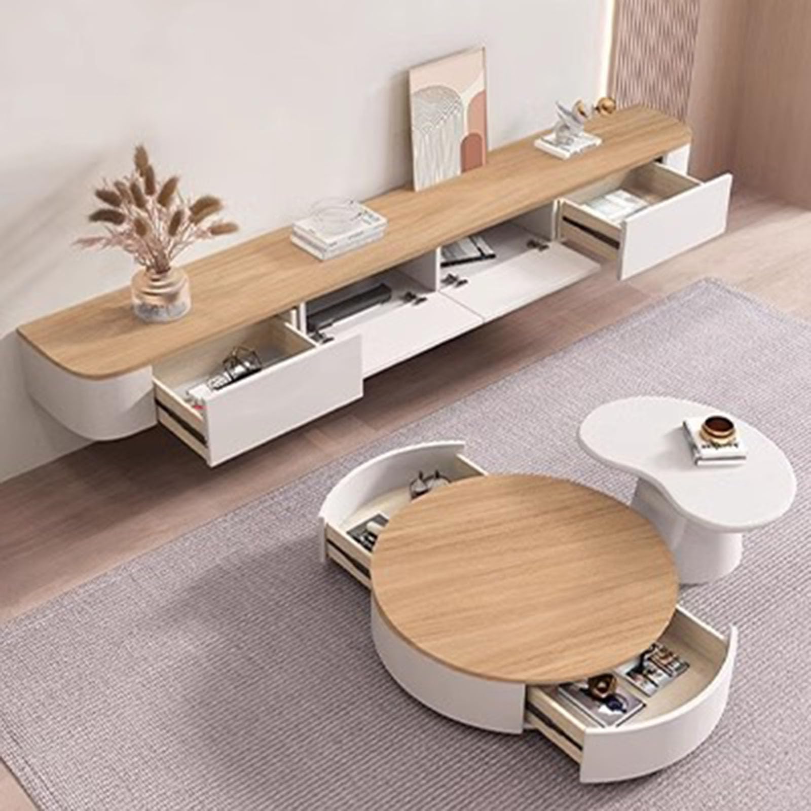 Schwebender TV-Schrank mit Schubladen, TV-Konsole mit integriertem Kabelmanagement, Multimedia-TV-Konsole, Massivholz-TV-Schrank mit Stauraum (montagefrei) (Weiß-Braun, 140CM/55.1IN)