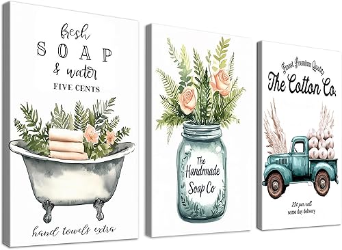 Miniatura 11 de KVTM 3 piezas – Colección de arte de pared de baño de granja – Impresiones rústicas en lienzo para bañera – Impresiones botánicas de baño – Póster