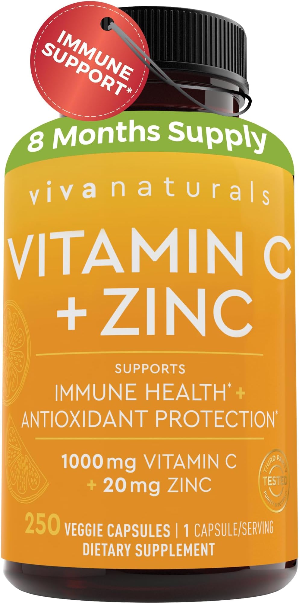 Vitamin C with Zinc (250 Veggie Capsules) - Vitamin C 1000mg and Zinc 20mg with Citrus Bioflavonoids and Rose Hips, Immune Support Supplement and Powerful Antioxidant