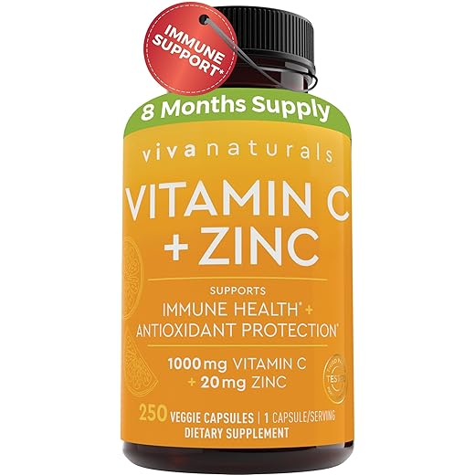 Vitamin C with Zinc (250 Veggie Capsules) - Vitamin C 1000mg and Zinc 20mg with Citrus Bioflavonoids and Rose Hips, Immune Support Supplement and Powerful Antioxidant