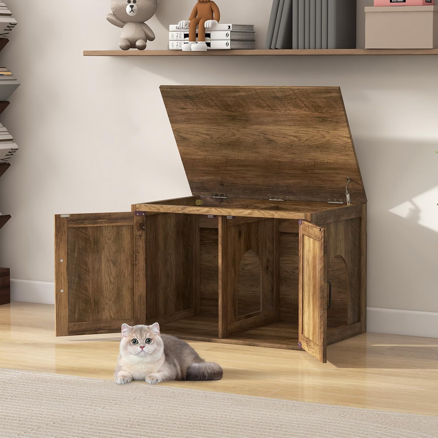 Giantex Cat Litter Box Enclosure - Flip Top Litter Box Hidden Furniture with Barn Door, Side Entrance, Inner Divider Path, Farmhouse Wooden Cat Washroom Pet House, Fit Most of Litter Box, Brown