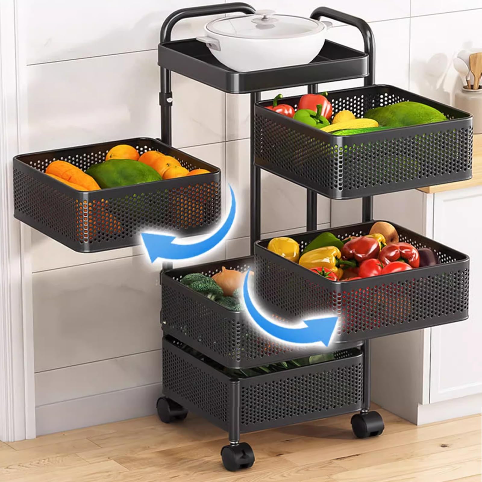 METTEOR Snack Storage Rack,Fruit Basket For Kitchen, Rotating Kitchen Storage Rack Fruit And Vegetable Metal Wire Shelf Metal Storage Basket Shelves (Noir 34x93cm)