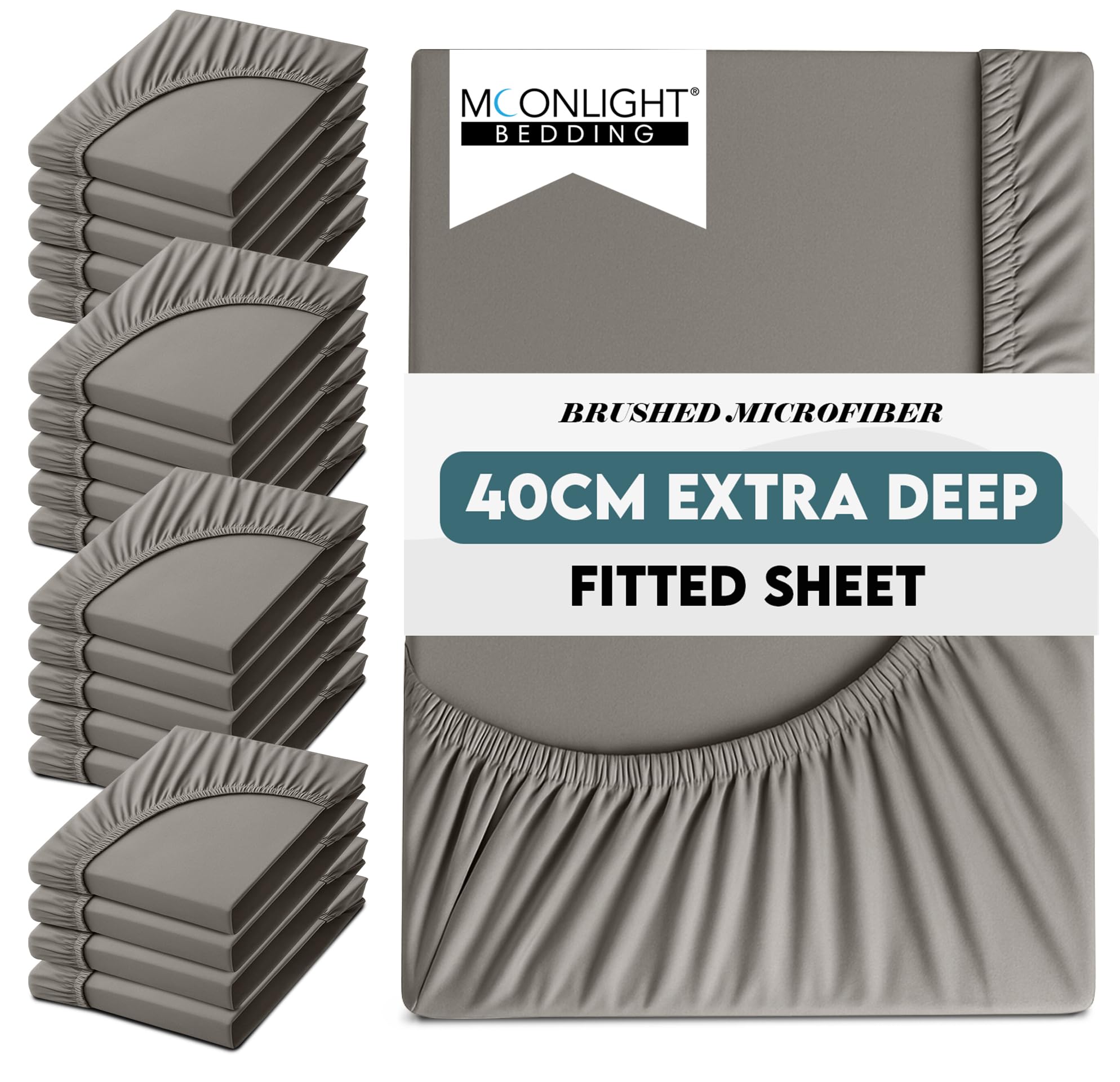 Moonlight Bedding Single Fitted Sheet Deep Fit 40CM 20 Pack Grey Bed Sheet with Elastic Corners 16 Inch Extra Pocket Brushed Microfiber Easy Care Breathable Shrinkage Fade-Resistant