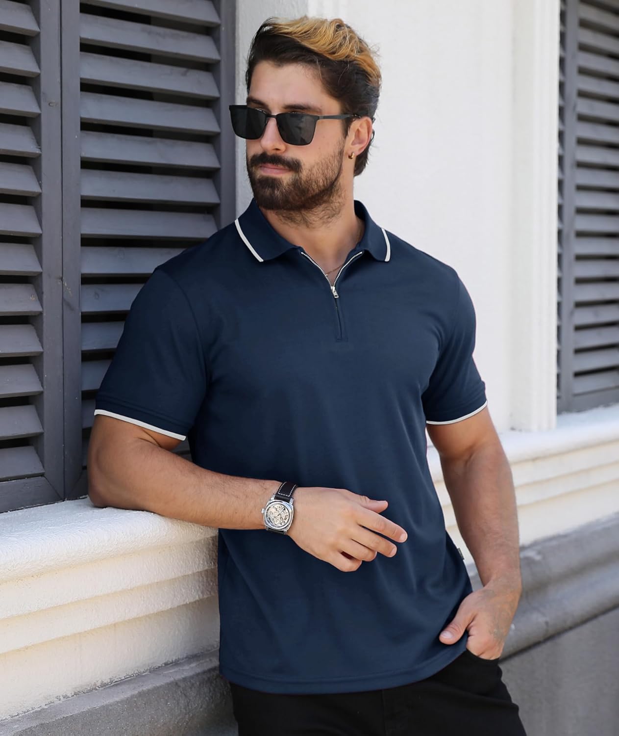 ZITY Polo Shirts for Men Quarter Zip Casual Shirts Short Sleeve Moisture Wicking Golf Polo Collared Shirts - Image 2