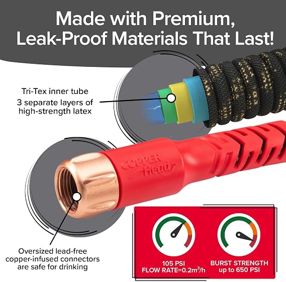 Pocket Hose 50 FT Copper Head Expandable Garden Hose with Pocket Pivot, No Tangles, AS SEEN ON TV, 360 Swivel, Tri-Tex Tubing, Force Field Jacket, Lead-Free, No-Kink, Anti-Burst w/APT