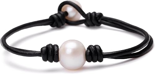 Aobei Pearl Pulsera de perlas cultivadas de agua dulce única de cuero genuino hecha a mano para mujeres, 17.78 cm