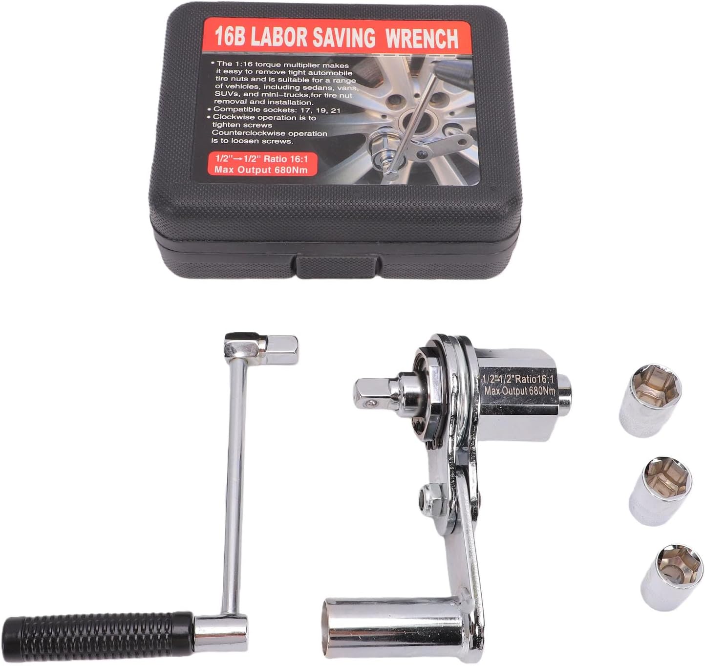 Garosa 1:16 Ratio Lug Nut Wrench Torsion Multiplier Tool 600-800NM Heavy Duty with 3 Sockets 1/2 Inch Drive for Truck Trailer Car Tire Repair