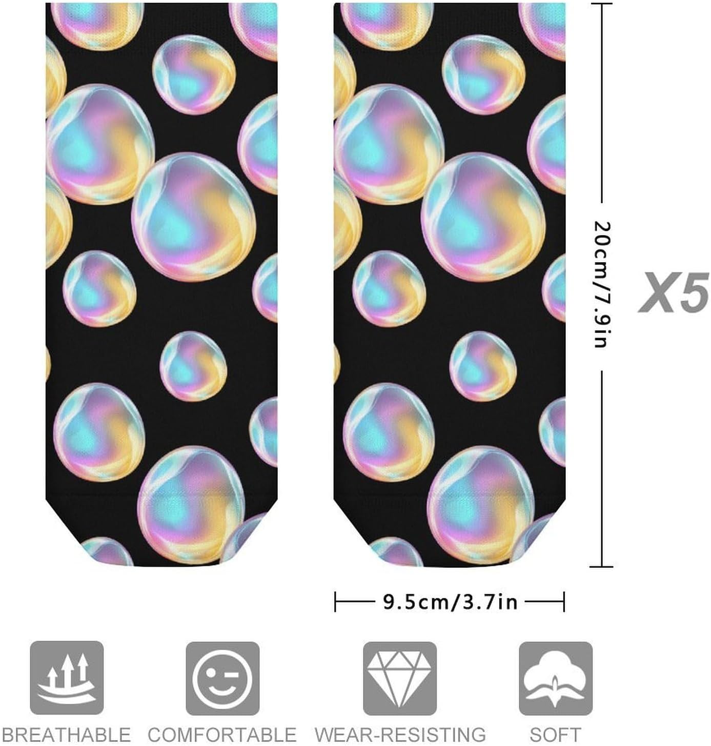 Multicolored Bubble No Show Ankle Socks Low Cut Non Slip Flat Boat Line 5 Pairs Set