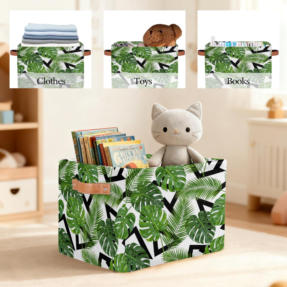 Rechteckiger Aufbewahrungskorb mit Ledergriffen, moderner Kunst-Stil, Palmenblätter, 2 Stück, faltbarer Stoff-Aufbewahrungskorb für Schrank, Badezimmer, Wohnzimmer, Büro, Spielzeug, Organizer
