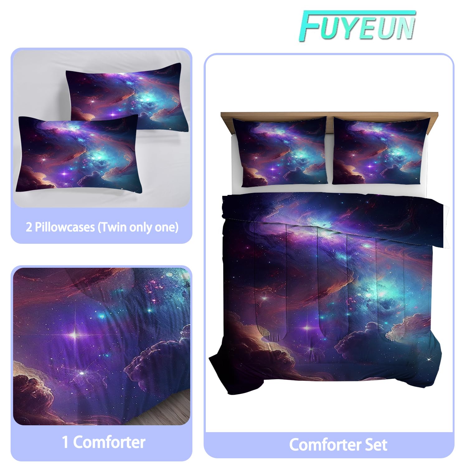 FUYEUN Galaxy Bedding Set Twin Size Blue Purple Outer Space Comforter Sets for Girls Boys Kids Teens Women Starry Glitter Nebula Quilt 1 Comforter + 1 Pillow Case