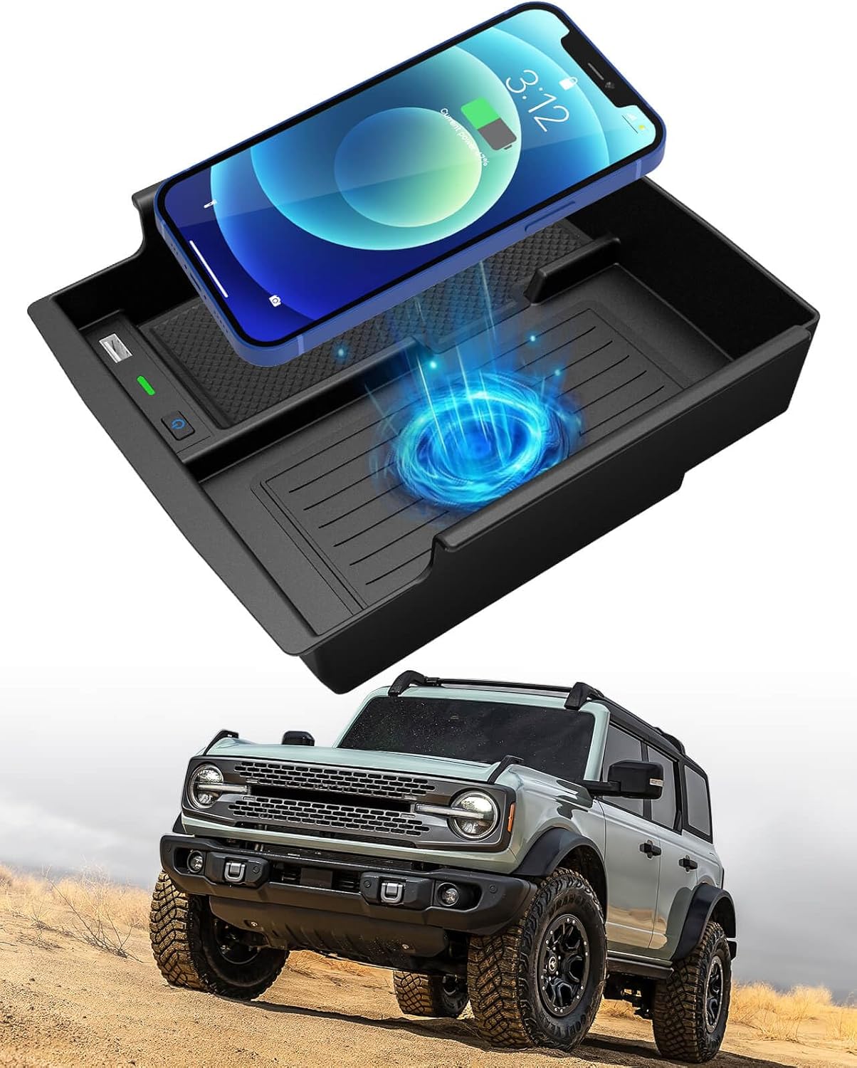 Wireless Charger/Center Console Organizer Tray for Ford Bronco 2021-2024, Car Accessories Wireless Phone Charging Pad for Ford Bronco 2021 2022 2023 2024, Not for 2025 Models