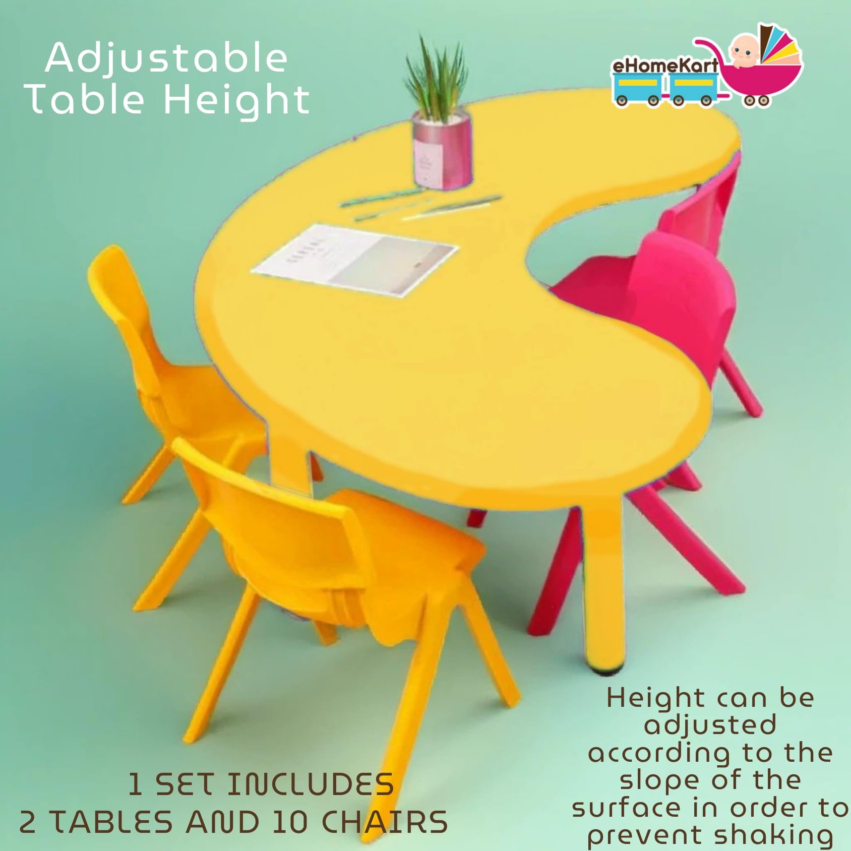 eHomeKart Kids Half-Moon Table Set of 2 with 10 Chairs – Front Round Shape, Perfect for Home Use (53 x 20 x 20 inches) for Kids with Set of 10 Chairs- Perfect Fort Home - Image 7 thumbnail