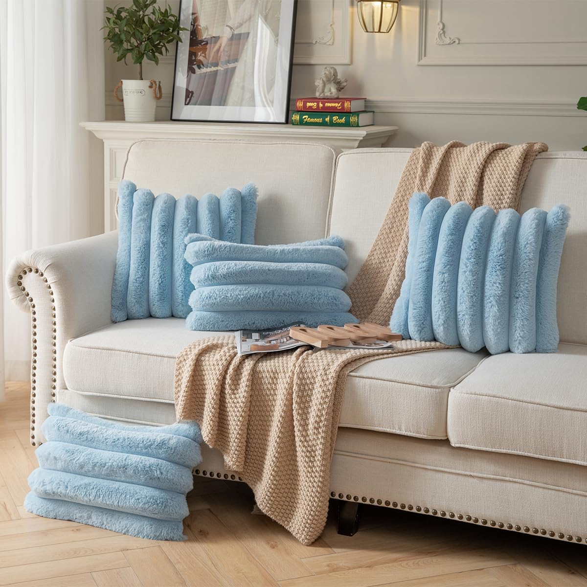 Faux Fur Plush Throw Pillow Covers 16x16 Inch Set of 2 - Luxury Decorative Fuzzy Striped Soft Cozy Pillowcase for Couch, Sofa, Living Room - Blue