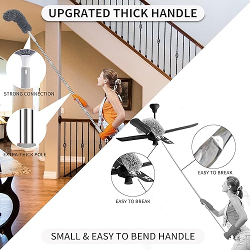 Miniatura 2 de Plumero de microfibra mejorado, 4 cabezales de limpieza de polvo, plumero de telaraña reutilizable con poste de extensión extra largo de grado de 79