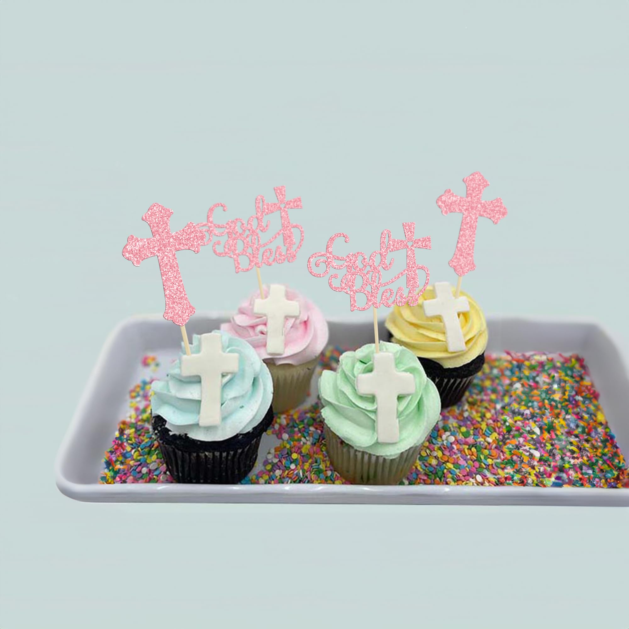 Gyufise 24Pcs God Bless and Baptism Cupcake Toppers Glitter Cross God Bless Cupcake Picks for Christian First Communion Baptism Party Cake Decorations Supplies Pink - Image 4