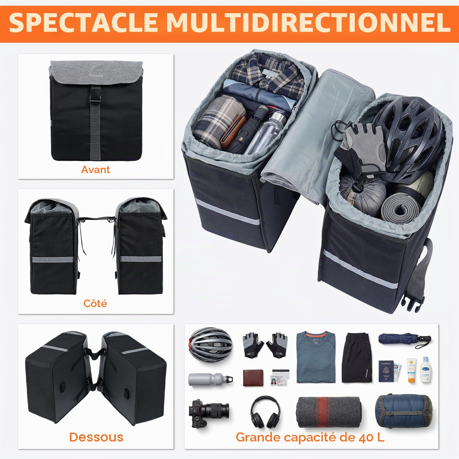 40L Sacoche Vélo Double, Sacoche Velo Porte-Bagage Arrière Étanche Grande Capacité avec Poignée de Transport Bandes Réfléchissantes Sacoche Porte Bagage Velo pour Vélo/VTT(36x17x34cm, Noir)