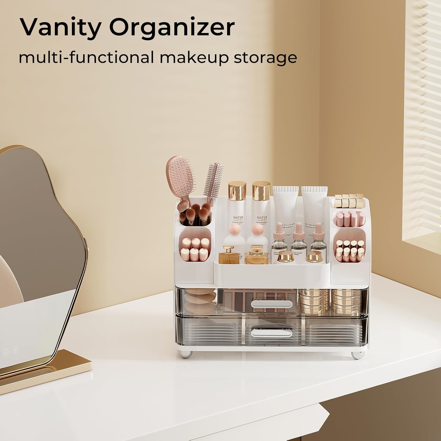 Makeup Organizer for Vanity with 2 Large Drawers, Cosmetic Display Case with Brush Holders, Easy to Storage for Bathroom Countertop Skincare, Perfume, White - Image 7